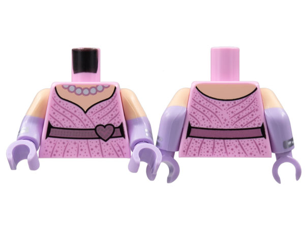 Torso Dress, Metallic Pink Heart Belt and Trim, Pearls Pattern / Lavender Arms with Light Nougat Short Sleeves, Silver Bracelets Pattern / Lavender Hands