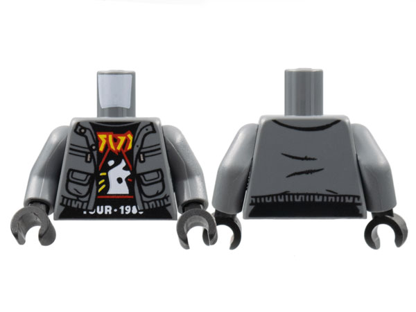 Torso Jacket, Black Band Tour Shirt, Red and Yellow Lettering, White Logo and 'TOUR 198' Pattern / Dark Bluish Gray Arms / Black Hands