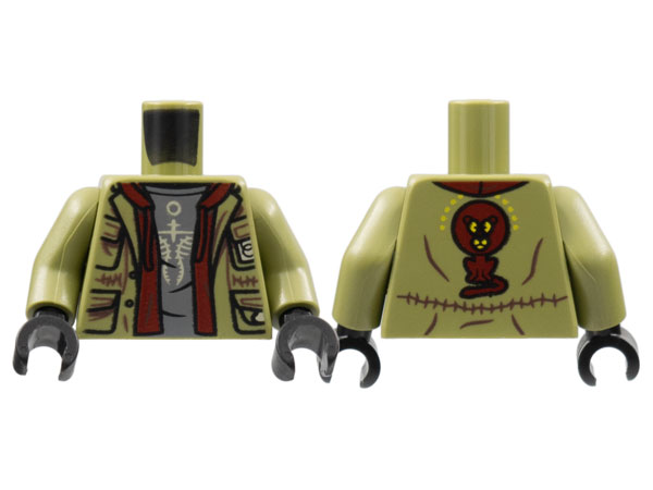 Torso Jacket, Dark Red Lion on Back, Dark Red Jacket with Drawstrings, Dark Bluish Gray Shirt with Tan Logo Pattern / Olive Green Arms / Black Hands