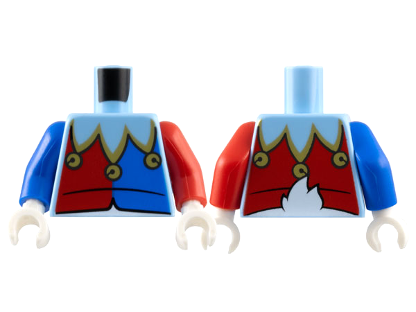 Torso Jester Collar with Gold Trim and Bells, Red and Blue Panels, White Duck Tail on Back Pattern / Red Arm Left / Blue Arm Right / White Hands
