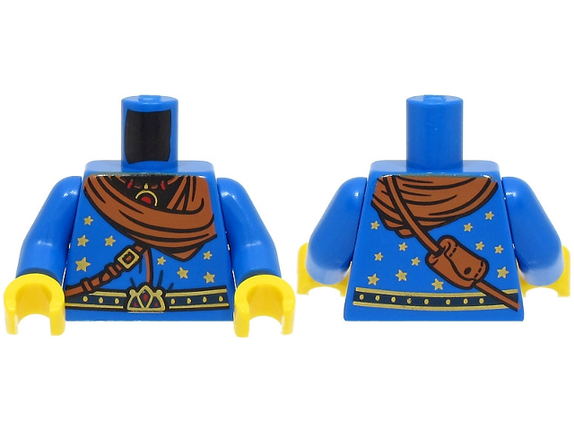 Torso Wizard Robe with Gold and Dark Blue Belt, Stars, Dark Orange Bandana and Shoulder Bag, Necklace Pattern (BAM) / Blue Arms / Yellow Hands
