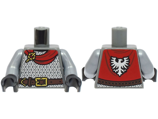 Torso Armor Silver Chain Mail, Reddish Brown Belt with Gold Buckle, Red Cape with Falcon Pattern (BAM) / Flat Silver Arms / Black Hands