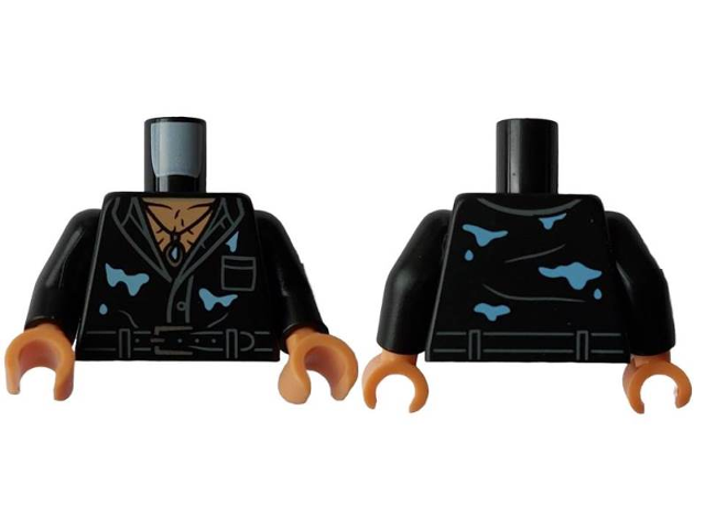 Torso Shirt Partially Open with Pocket and Button, Belt with Silver Buckle, Nougat Hairy Chest, Pendant Necklace, Bright Light Blue Water Stains Pattern / Black Arms / Nougat Hands