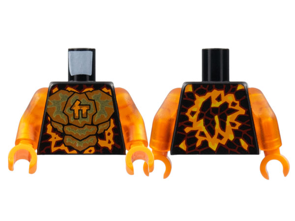 Torso Orange and Gold Energy, Ninjago Logogram Letter C, Red Rimmed Lava Stone Spots Pattern / Trans-Orange Arms / Orange Hands