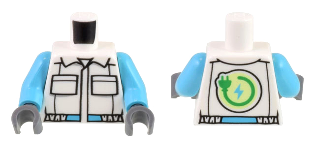 Torso Jumpsuit with 2 Pockets, Collar, Black and Medium Azure Belt, Bright Green Electric Power Plug Symbol Pattern / Medium Azure Arms / Dark Bluish Gray Hands