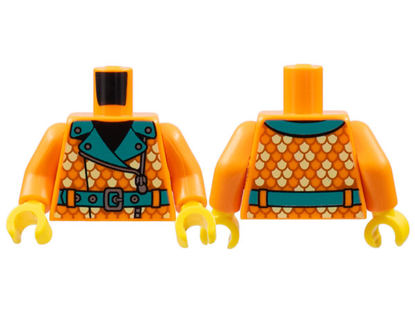 Torso Coat with Dark Turquoise Lapels and Belt, Silver Studs, Zipper and Buckle, Tan Scales Pattern / Orange Arms / Yellow Hands