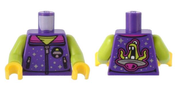 Torso Vest with 2 Zipper Pockets, Stars, Space Ride Emblem, Spaceship, Alien, Magenta Collar Pattern / Lime Arms / Yellow Hands