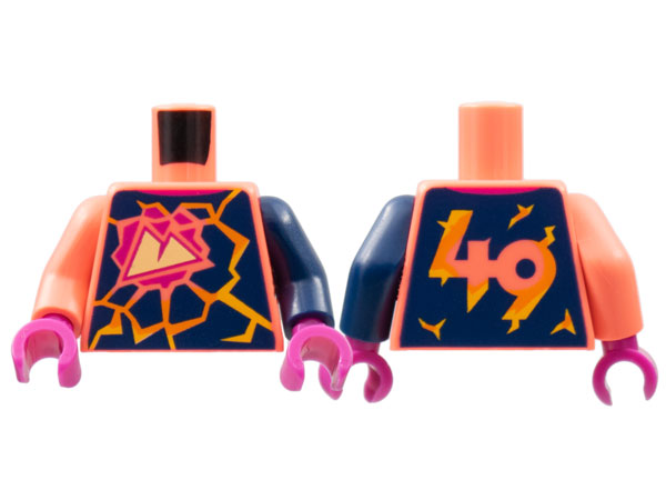 Torso Lego Sport Mountains Logo, Orange Lava Cracks in Black Rock, '49' on Back Pattern / Dark Blue Arm Left / Coral Arm Right / Magenta Hands