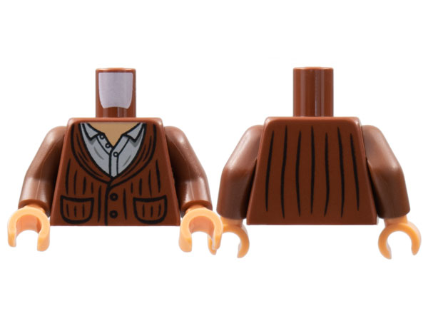 Torso Cardigan with Pockets, Nougat Neck, Light Bluish Gray Shirt Pattern / Reddish Brown Arms / Nougat Hands