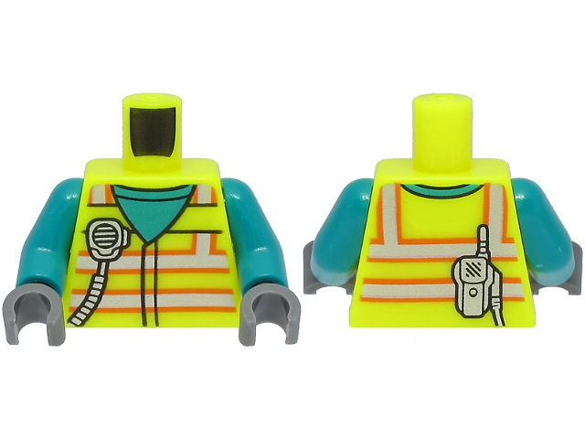 Torso Safety Vest with Silver and Orange Reflective Stripes over Dark Turquoise Shirt, Radio Pattern / Dark Turquoise Arms / Dark Bluish Gray Hands