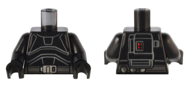 Torso SW Armor with Light Bluish Gray Outlines, Dark Bluish Gray Belt, Silver Buckle, and Backpack with Red Lights Pattern / Black Arms / Black Hands