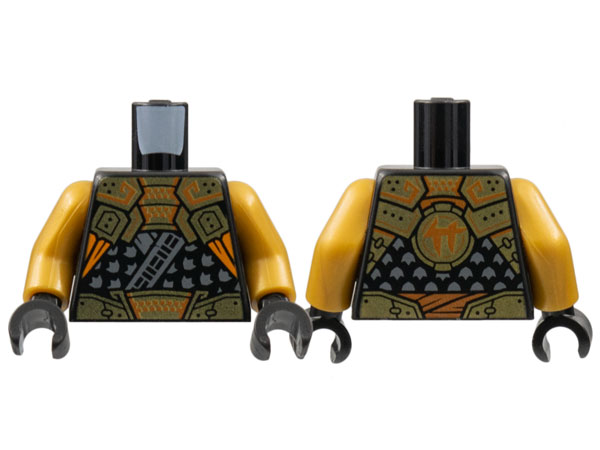 Torso Tunic, Dark Bluish Gray Trim, Gold Shoulder Armor and Belt with Orange Trim, Ninjago Logogram Letter C on Back Pattern / Pearl Gold Arms / Black Hands