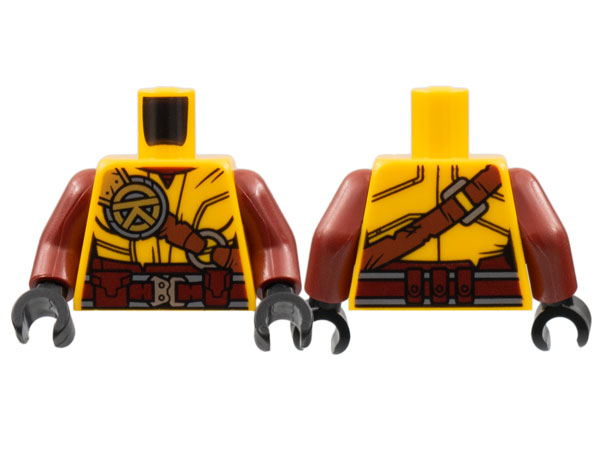 Torso Female, Dark Red Collar and Belt, Reddish Brown Shoulder Belt, Silver Buckles, Gold Ninjago Logogram Letter R Pattern / Dark Red Arms / Black Hands