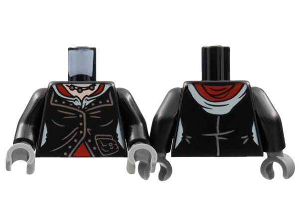 Torso Female Jacket with Silver Lines and Necklace, Light Nougat Neck, Red Shirt Pattern / Black Arms / Dark Bluish Gray Hands