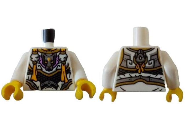 Torso Armor with Gold Trim, Silver Wolf Head on Medium Lavender Breastplate, Bright Light Orange Tassels Pattern / White Arms / Yellow Hands