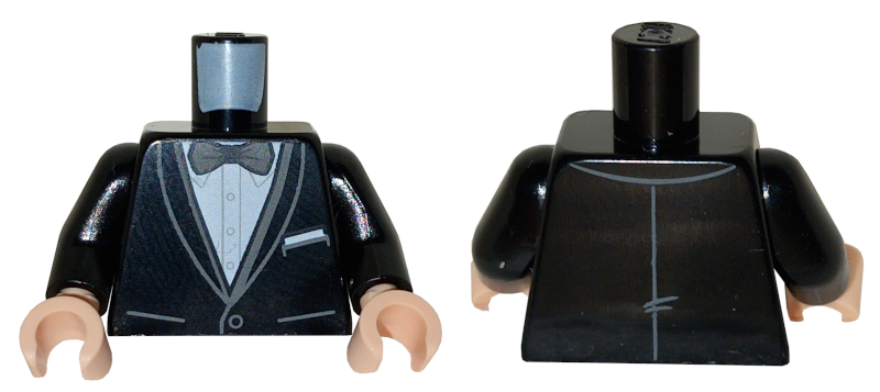 Torso Tuxedo Jacket with Pockets over White Button Up Shirt, Dark Bluish Gray Bow Tie, Pocket Square Pattern / Black Arms / Light Nougat Hands