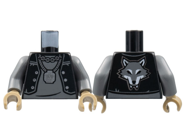 Torso Open Vest with Buttons, Dark Bluish Gray Shirt, Silver Skull on Chain, Wolf on Back Pattern / Dark Bluish Gray Arms / Dark Tan Hands